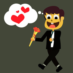 Cute little boy cartoon characters are carrying flowers and will express love