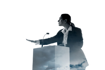 Pressure. Speaker, coach or chairwoman during politician speech isolated on white background. Double exposure - truth and lies. Business training, speaking, promises, economical and financial