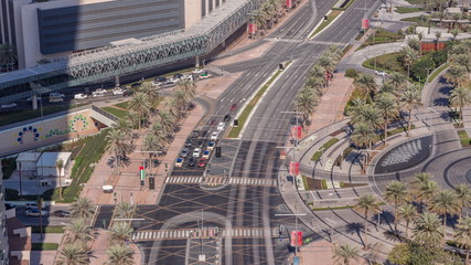 Naklejka premium View of intersection with many transports in traffic Timelapse Aerial