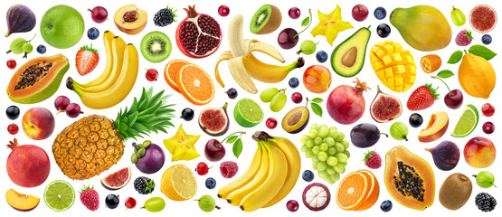 Mix of different fruits, berries and vegetables isolated on white background