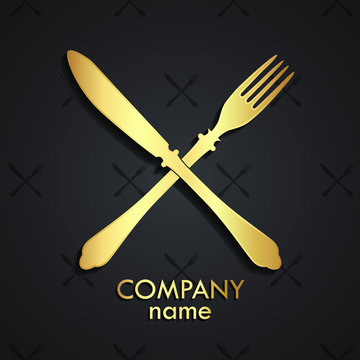 3d crossed fork and knife gold logo / food theme symbol