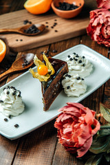 chocolate dessert with side cream