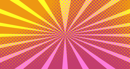 Obraz premium Vintage colorful comic book background. Pink Orange blank bubbles of different shapes. Rays, radial, halftone, dotted effects. For sale banner empty Place for text 1960s. Copy space vector eps10.