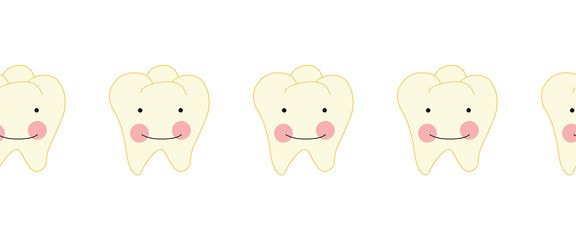 White teeth with smiling face cartoon style seamless vector border. Dental repeating pattern with cute white teeth. Use for kids dentistry, dental clinic advertisement, flyer, card, packaging