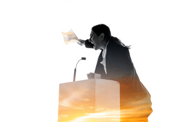 Angry. Speaker, coach or chairwoman during politician speech isolated on white background. Double exposure - truth and lies. Business training, speaking, promises, economical and financial relations. - obrazy, fototapety, plakaty