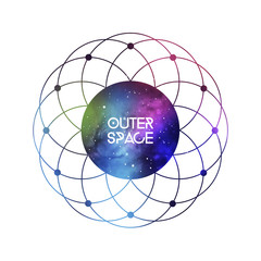Sacred geometry flower of life outer space scientific template with logo area. Vector hipster design with cosmic texture for music albums, posters, web design and mobile application.