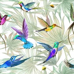 Behang Botanische print Kolibrie vogels naadloze patroon op palm bladeren achtergrond, aquarel illustratie. Tropische print voor stof, behang, achtergrond voor verschillende ontwerpen.