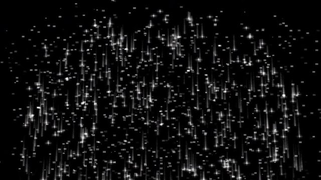 Falling silver sparkle rain glamor on black background. Silver stars fall and disappear animation with silver particles. Motion background for holidays in 4k footage.