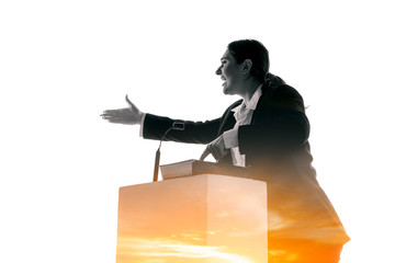 Angry. Speaker, coach or chairwoman during politician speech isolated on white background. Double...