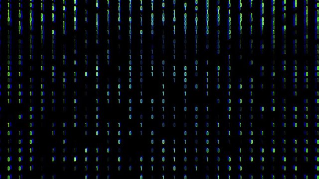 Binary code black and blue background with digits moving on screen and small glitches. Concept of technology. 