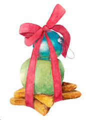 watercolor illustration of apple and christmas ball cookies.gift.christmas.