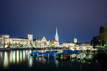 scenic view of historic Zurich city center with famous Fraumunster and Grossmunster Churches and river Limmat at Lake Zurich, Canton of Zurich, Switzerland