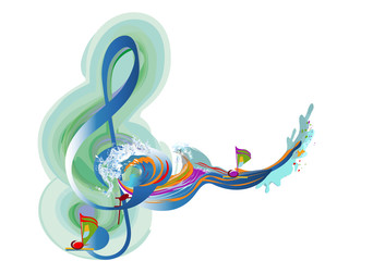 Abstract musical design with a treble clef and colorful splashes and waves. Hand drawn vector illustration.