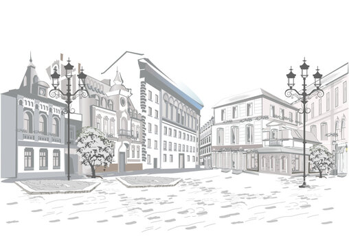 Series of street views in the old city. Hand drawn vector architectural background with historic buildings. Black & white sketch