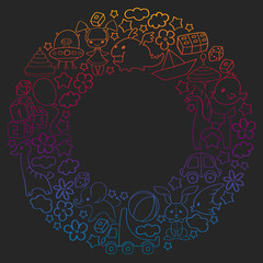Vector pattern with children toys. Kindergarten elements in doodle style for little kids. Education, play, grow