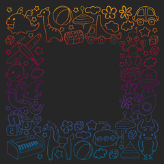 Vector pattern with children toys. Kindergarten elements in doodle style for little kids. Education, play, grow