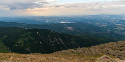 view from Sniezka hill in Karkonosze mountains on polish - czech borders during summer evening