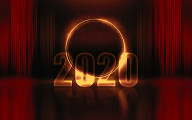 Text 2020 on a dark abstract background. Neon reflection of light. 2020 New Year holidays design template for greeting cards and christmas invitations.