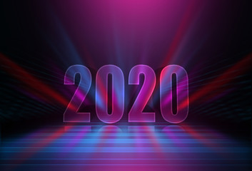 Text 2020 on a dark abstract background. Neon reflection of light. 2020 New Year holidays design template for greeting cards and christmas invitations.