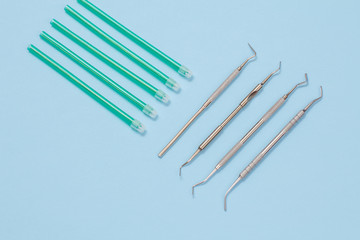 Set of dental instruments for teeth dental care.