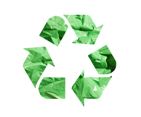 Waste recycle emblem. Green plastic bag texture background. Isolation on white. Stop garbage. Reuse materials. 