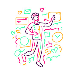 A man has time to do everything. line styel. Outline. Vector Illustration