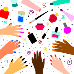 Vector beauty illustration. Top view on a table with cosmetics, manicure and hands of women of different nationalities isolated on a white dotted background. Multi-colored manicure, nail polish, cream