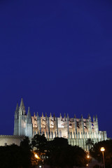 The famous balearic islands landmark - gothic Cathedral of Santa Maria of Palma de Mallorca beautifully lit at night / La Seu, Spain. Copy space for message. 