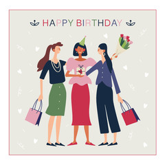 Happy birthday message card. Friends are holding gift boxes and celebrating. Flat cartoon vector illustration.