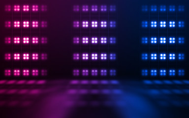 Empty dark abstract background. Background of empty show scene. Glow of neon lights on an empty...