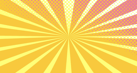 Obraz premium Vintage colorful comic book background. Orange Pink blank bubbles of different shapes. Rays, radial, halftone, dotted effects. For sale banner empty Place for text 1960s. Copy space vector eps10.