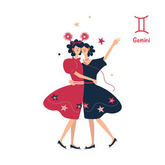 Sign of the zodiac Gemini. Young stylish girl on holiday, new year party. Vector illustration in flat cartoon style. Isolated on white background. 