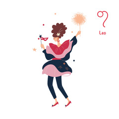 Sign of the zodiac Leo. Young stylish girl on holiday, new year party. Vector illustration in flat cartoon style. Isolated on white background. 