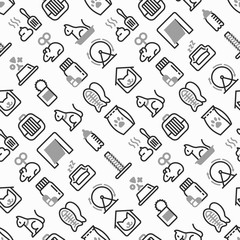 Pet shop seamless pattern with thin line icons: bags for transportation, hygiene, collars, doors, toys, feeders, scratchers, cat litter, snack, training. Modern vector illustration.