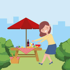 Woman cartoon having picnic vector design