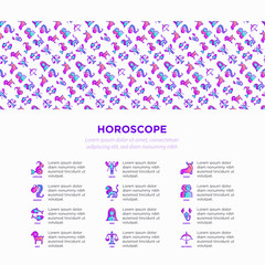 Horoscope concept with thin line icons and copy space. Zodiac signs: capricorn, aquarius, aries, pisces, virgo, libra, scorpio, sagittarius, taurus, gemini, leo. Modern vector illustration.