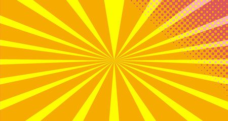 Vintage colorful comic book background. Orange Pink blank bubbles of different shapes. Rays, radial, halftone, dotted effects. For sale banner empty Place for text 1960s. Copy space vector eps10.