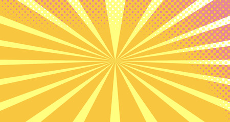 Fototapeta premium Vintage colorful comic book background. Orange Pink blank bubbles of different shapes. Rays, radial, halftone, dotted effects. For sale banner empty Place for text 1960s. Copy space vector eps10.