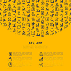 Taxi app concept with thin line icons: payment method, promocode, app settings, info, support service, phone number, route, destination, airport transfer, child seat. Vector illustration.
