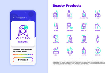 Beauty products thin line icons set: skin care, cream, gel, organic cosmetics, make up, soap dispenser, nail care, beauty box, deodorant, face oil, scrub. Modern vector illustration.