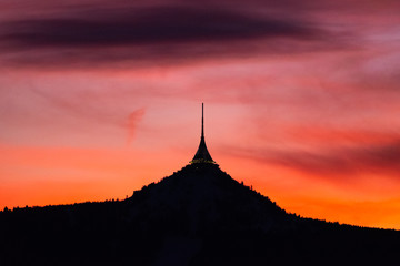 Silhouette of Jested mountain at sunset time, Liberec, Czech Republic