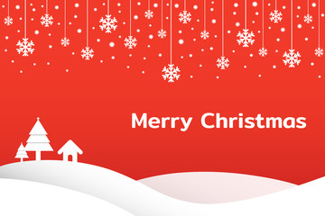 Merry Christmas background with Christmas tree and snowflake. Design red and white. Winter landscape with snow.