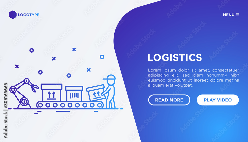 Poster logistics web page template. forklift loader puts packages with sign this side up on conveyor belt a