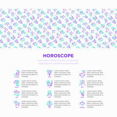 Horoscope concept with thin line icons and copy space. Zodiac signs: capricorn, aquarius, aries, pisces, virgo, libra, scorpio, sagittarius, taurus, gemini, leo. Modern vector illustration.
