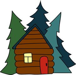 Vector illustration of rural house building and fir-trees in cartoon style