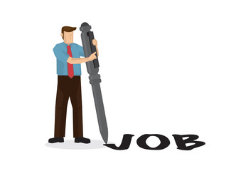 Businessman writes job word with his giant pen. Concept of recruitment or job hunting.
