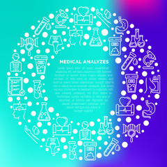 Medical analyzes concept in circle with thin line icons: blood test, urine test, stool, ECG, mammography, sperm, DNA, ultrasound, EEG, X-ray, gastroscopy. Vector illustration for laboratory web page.