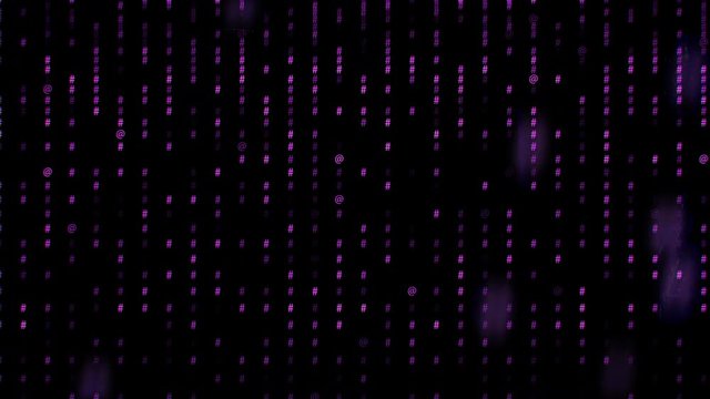 Purple symbols social networks falling down. Concept of internet. Composition with depth of field on black background.