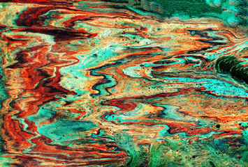 Summer bright orange and teal abstract marble swirls painting