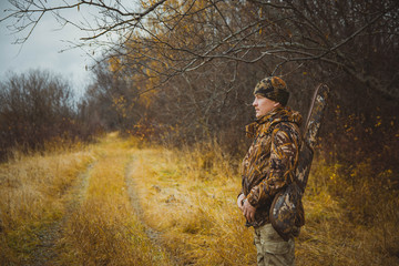 Autumn hunting for wild ducks. Copy space.